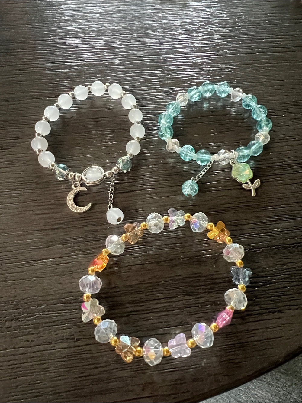 Multi-Color Aqua Beaded Bracelet Set Crescent/Flower charms